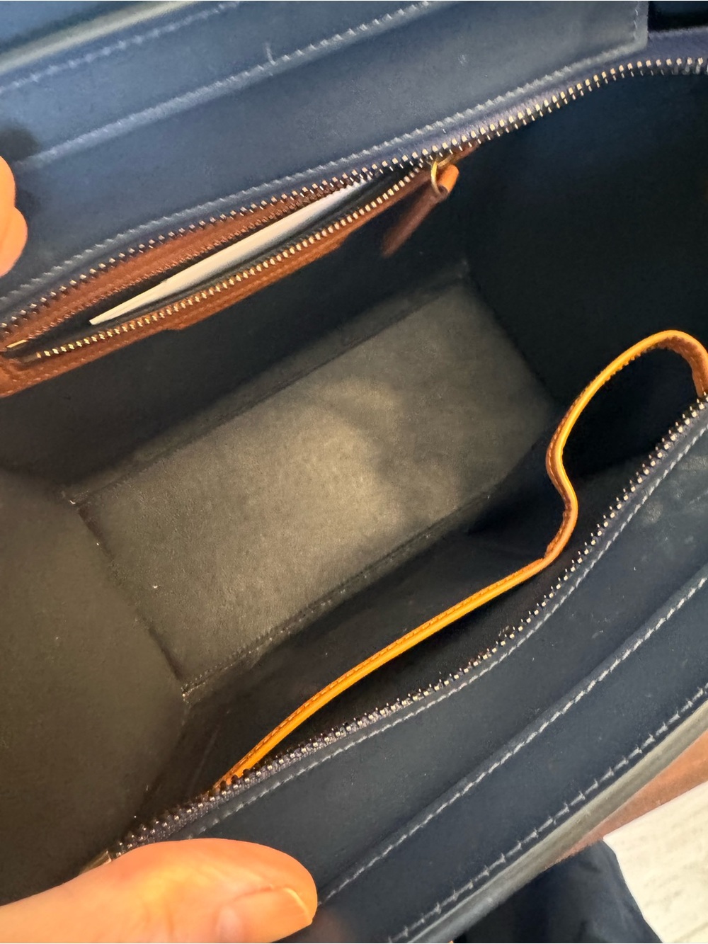 NWOT Celine Leather Micro Luggage Tote in Navy, Cream & Cognac/Deep Camel - Picture 5 of 11